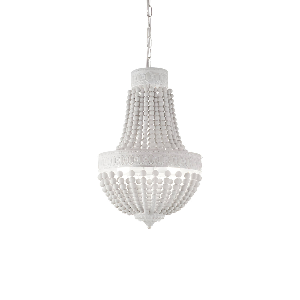 The Sync Wood 5 Light Chandelier - White hangs from the ceiling, showcasing a matte white finish. It features an elegant cascading design with multiple layers of natural wood beads, giving it a classic and sophisticated appearance.
