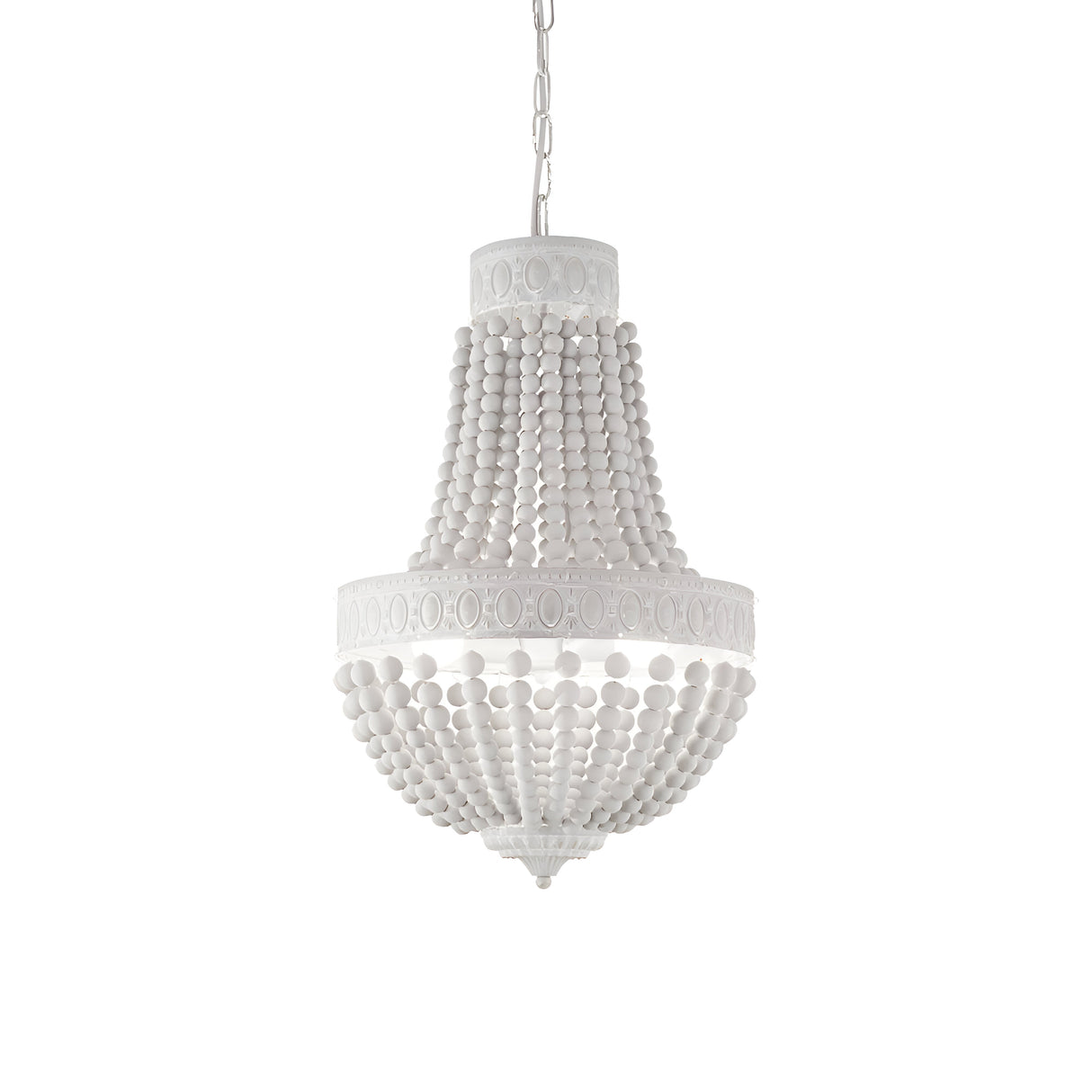 The Sync Wood 6 Light Chandelier - White is crafted with natural wooden beads arranged in tiers, featuring an elegant design. It hangs from a simple chain and perfectly complements modern farmhouse décor, adding a sophisticated touch to any room with its charming wood chandelier style.