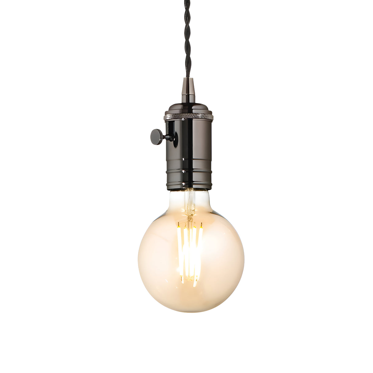 The Lantern 1 Light Pendant - Black features a vintage-style Edison bulb that elegantly hangs from a twisted black cord, embodying an exposed bulb design. It emits a warm yellow glow that accentuates its glowing filament, encased in a metallic black socket complete with a convenient side switch—a perfect modern lighting solution.