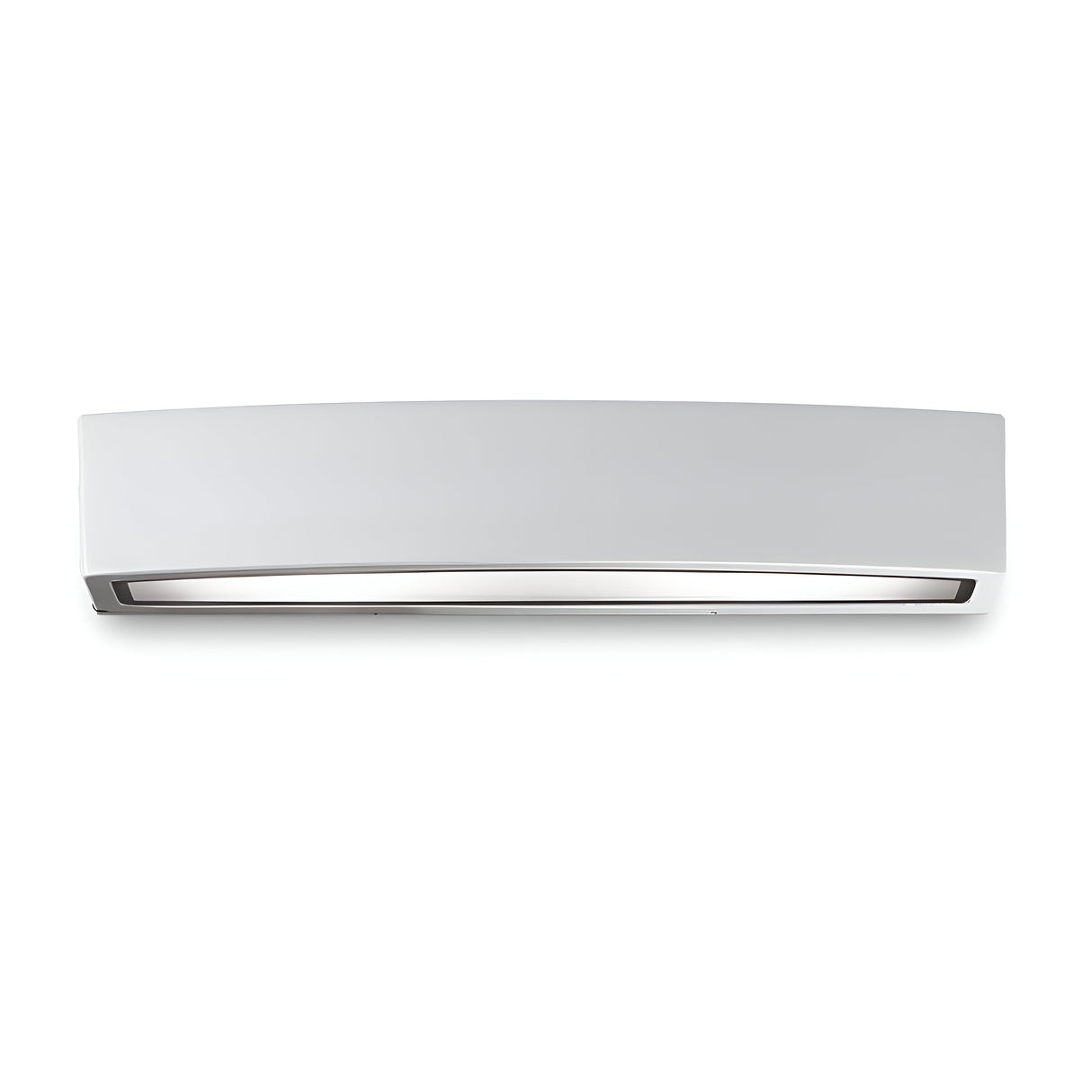 Featuring a modern design, the wall-mounted air conditioning unit boasts a curved front panel in silver and white. It is accentuated by durable die-cast aluminum details, allowing it to effortlessly blend into any decor while harmonizing with the Lunar 2 Light Outdoor Wall Light in Grey.