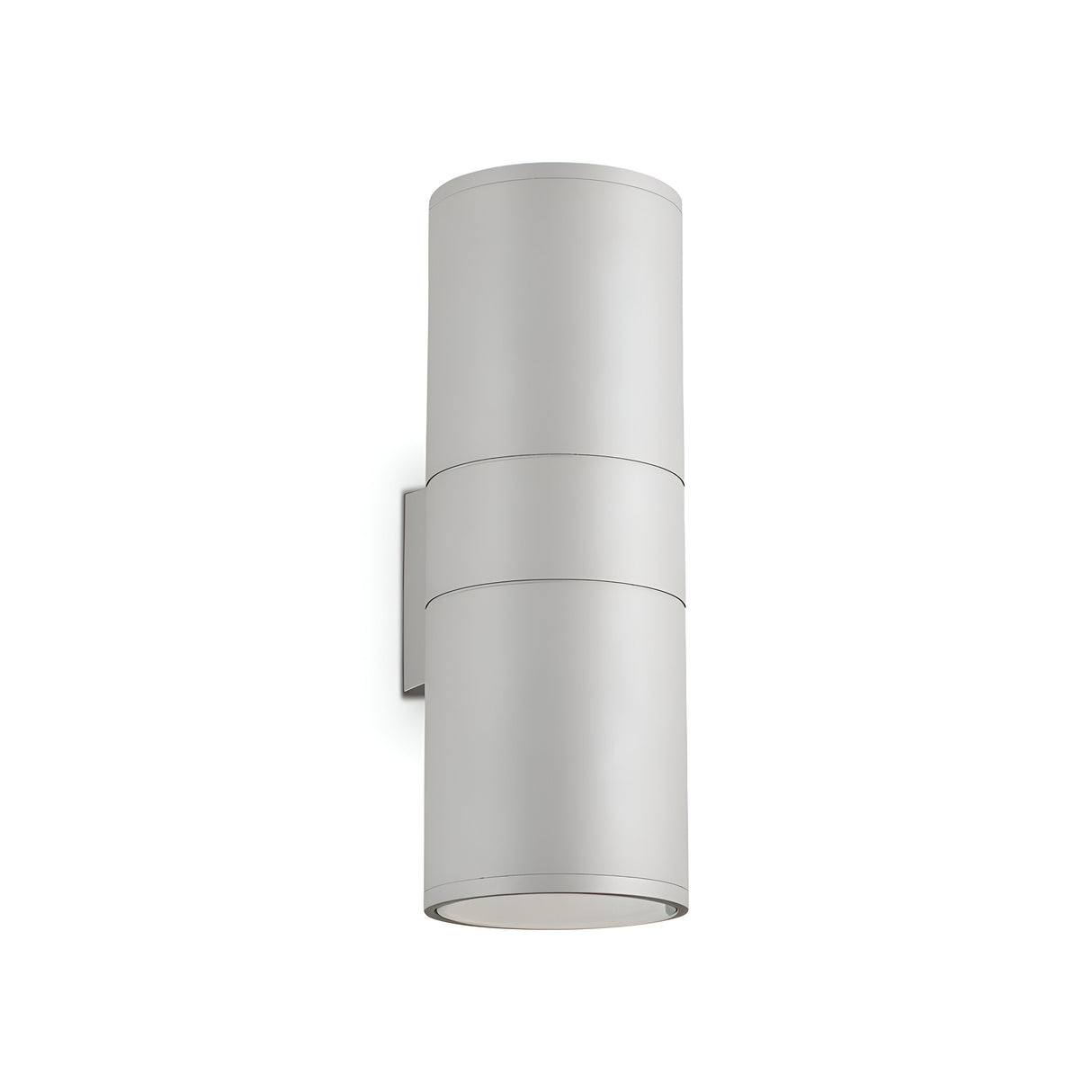 Introducing the Solar 2 Light Outdoor Large Wall Light - Grey, featuring a sleek cylindrical design in matte silver. This durable aluminum fixture is mounted on a matching rectangular base and offers an up-and-down orientation that beautifully illuminates both upwards and downwards, perfect for any stylish exterior setting.