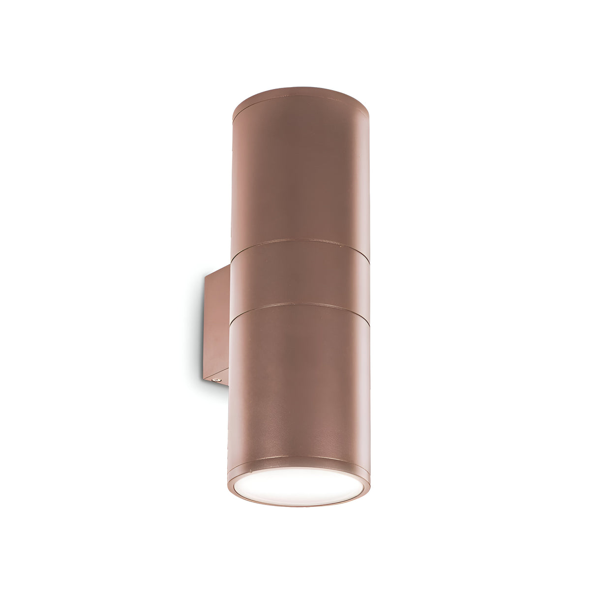 The Solar 2 Light Outdoor Large Wall Light in a brown finish provides dual illumination, with lights emitted both upwards and downwards. Its sleek, modern cylindrical design is complemented by a simple rectangular base. Displayed against a white background while switched off, it highlights its rustic outdoor lighting charm.