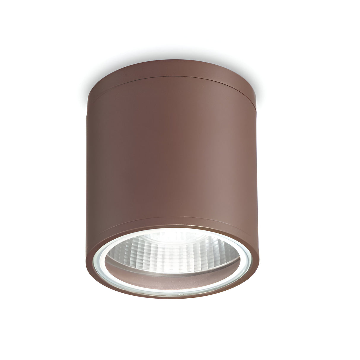 A modern and minimalistic Solar Downlight - Brown is mounted directly onto a white ceiling, featuring a cylindrical design with a glass-covered LED bulb to elegantly illuminate outdoor spaces.