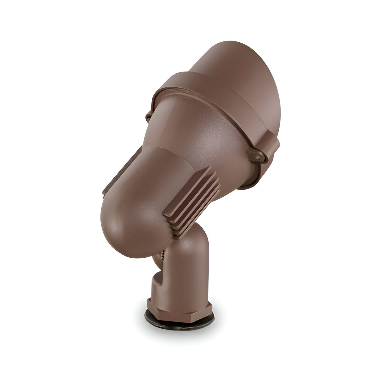 The Vespera Outside Small Single Spotlight - Brown features a rounded, adjustable head and sturdy base. With ribbed sides and IP65 weather resistance, it mounts upright on flat surfaces for rustic, reliable landscape or exterior lighting.