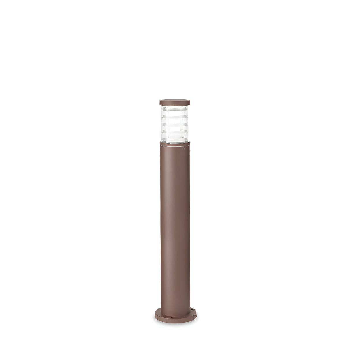 The Luminis Outdoor Bollard Light - Brown, 80cm features a cylindrical design with a transparent, ribbed glass top, ensuring durable construction for lasting performance. Ideal for illuminating gardens or pathways, it presents a sleek, modern appearance against a plain white background.
