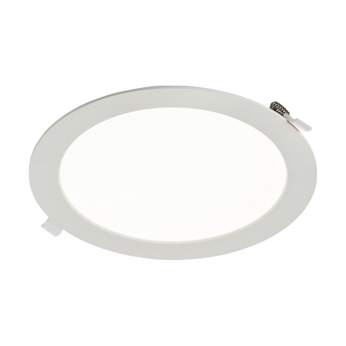 The Kara 18W LED Dimmable Recessed Panel Light boasts a round, white design with a minimalist and slim profile. It features a white frame and includes two small spring-loaded clips for easy mounting, ensuring uniform illumination. The LED light is shown unlit in the image.