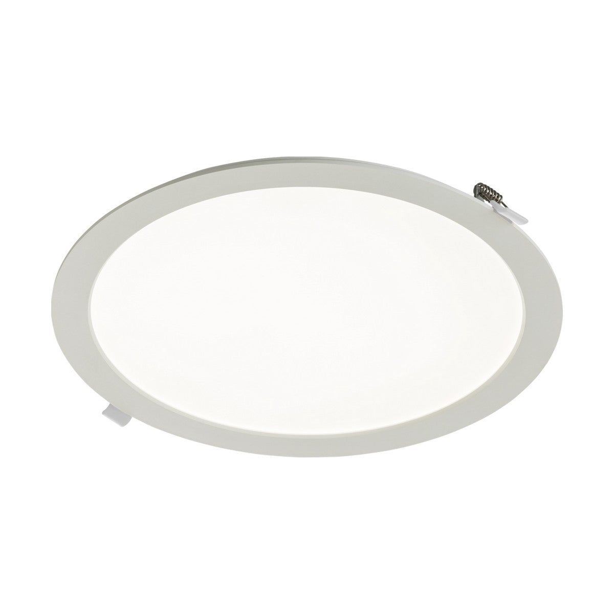 The Kara 24W LED Recessed Panel Light is a circular ceiling fixture with a white frame, featuring a slim design and edge-lit technology. It is designed to be flush-mounted, offering a modern and sleek appearance. When turned on, it emits a bright, even glow.