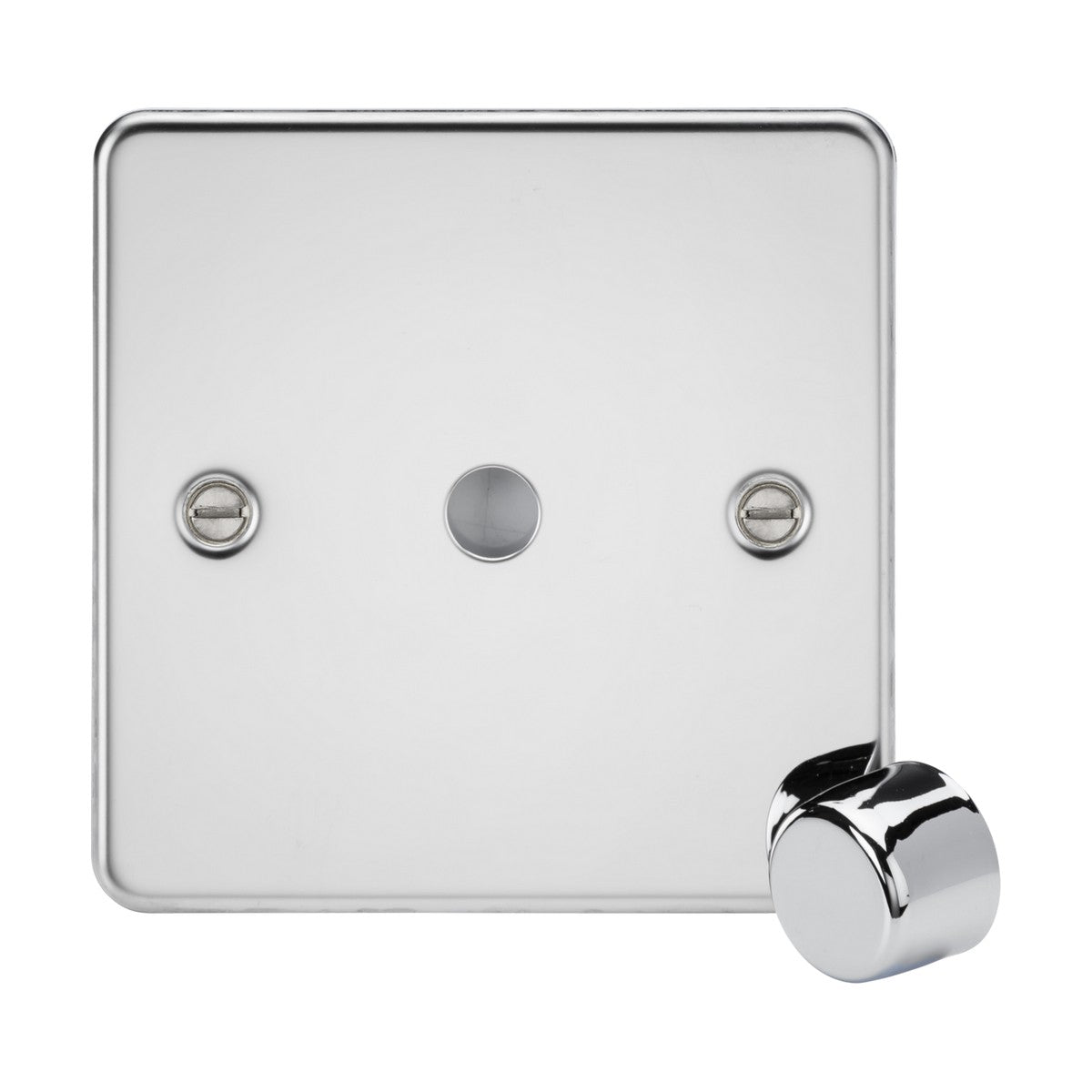 The 1 Gang Dimmer Plate With Matching Metal Dimmer Cap in polished chrome boasts a smooth finish and a flat plate design with two visible screws. It includes a central circular knob, which is placed separately next to the plate, perfect for touch-sensitive or adjustable lighting, providing both style and functionality.