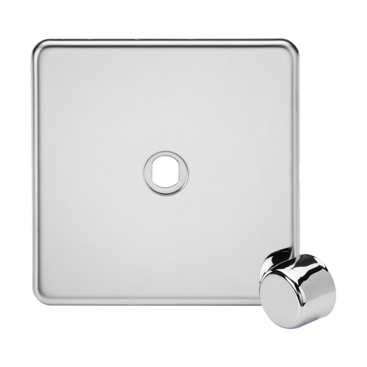 The faceplate from the 1 Gang Dimmer Plate with Matching Metal Dimmer Cap in Polished Chrome features a central hole for control installation and boasts a sleek, screwless design. Its round, smooth control knob is located at the bottom right corner of the faceplate, giving it a stylish look reminiscent of a dimmer plate.