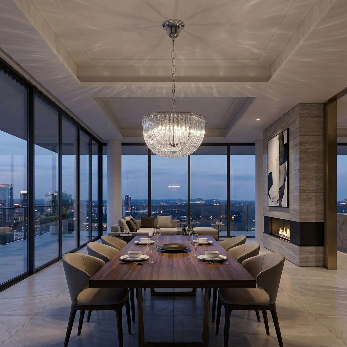 A modern dining room with a wooden table for eight, beige chairs, floor-to-ceiling windows showing a city view at dusk, a fireplace with abstract art above it, and the Murano 6 Light Crystal Chandelier - Chrome overhead.