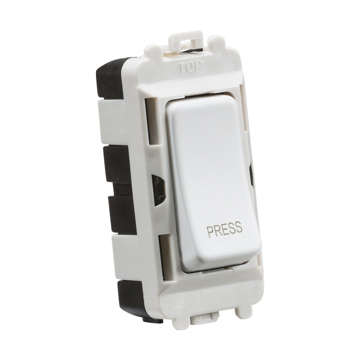 Close-up of a sleek, white matte 20AX 2 Way Retractive SP Module labeled PRESS, designed for wall installation with the Knightsbridge Grid system. Its mounted on a black base with visible clips.