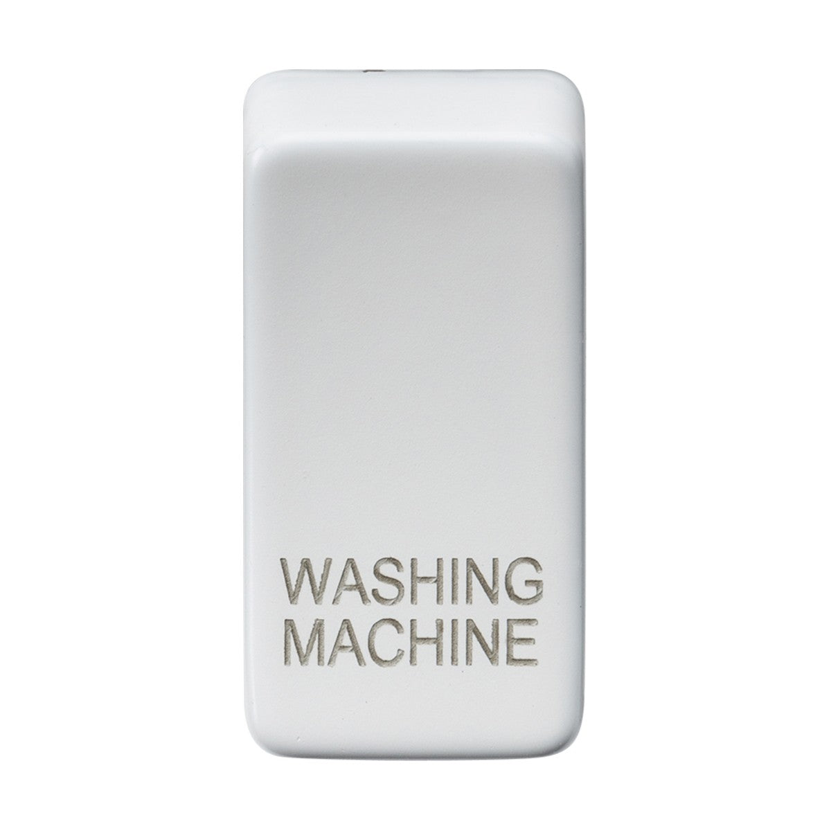 A matt white rectangular switch cover with rounded edges, made from durable ABS material and featuring the embossed text "WASHING MACHINE" in gray on the front.