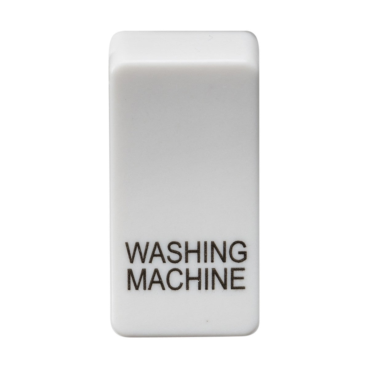 A white rectangular object made of ABS material, labeled "Switch Cover 'Marked WASHING MACHINE'" in black, resembles a rocker switch or button and offers interchangeable covers for versatile use.