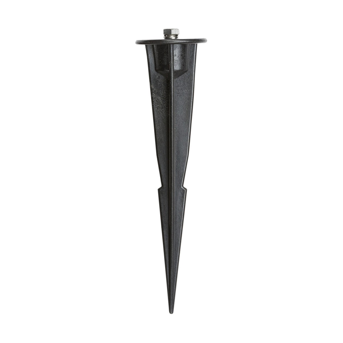 The Ground Spike - Black is crafted from polycarbonate and features a pointed end paired with a flat circular top, making it ideal for securely anchoring objects into the soil.