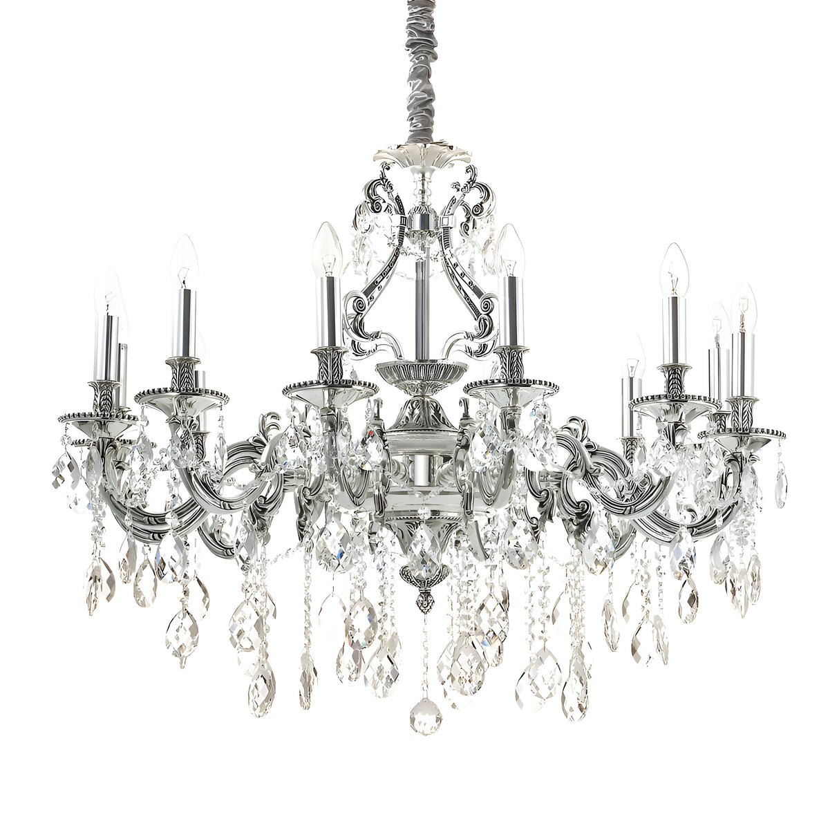 The Sonnet Crystal 12 Light Chandelier - Grey features an antique silver finish with intricate metalwork and numerous sparkling crystal pendants. Its twelve candle-shaped lights are arranged in a circular pattern, creating an elegant and ornate design.