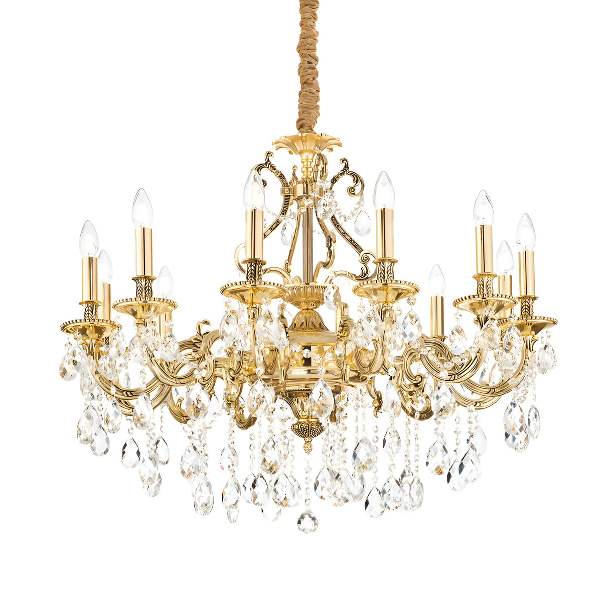 The Sonnet Crystal 12 Light Chandelier in Gold exemplifies modern elegance with its intricate designs and lavish gold finish. It features multiple candle-shaped lights adorned with hanging crystal pendants, all suspended by a decorative rope. This chandelier is a true statement piece of luxury lighting for any space.
