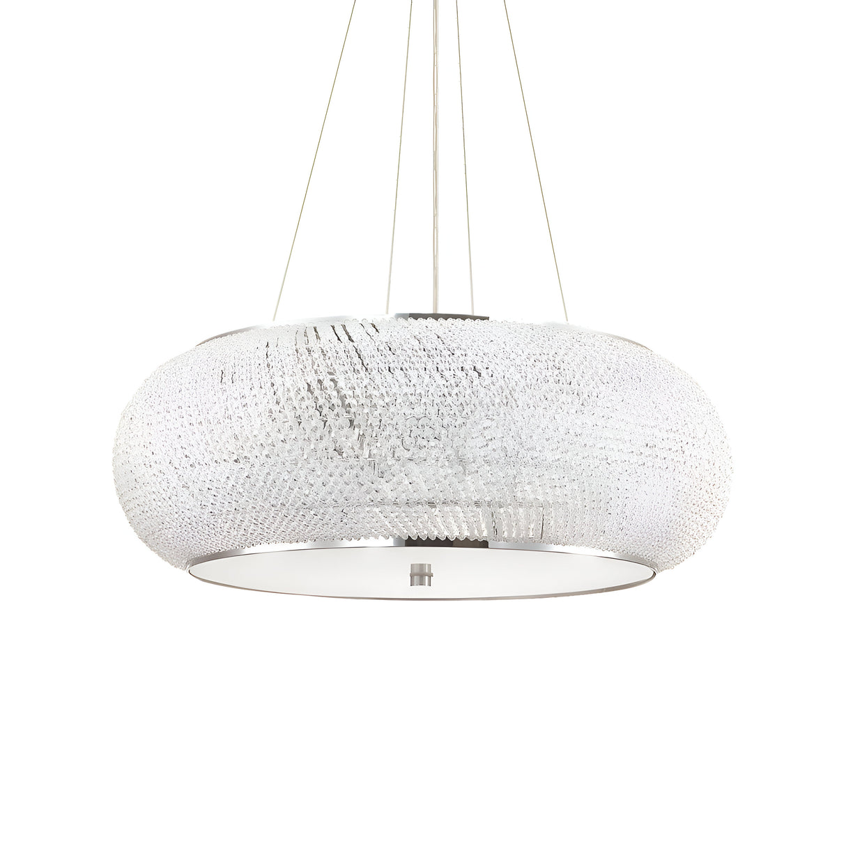 Introducing the Harbor Crystal 14 Light Chandelier - Chrome, a contemporary round LED chandelier with a frosted glass shade and textured surface. Delicately suspended by thin wires, it emanates a soft, elegant glow through its chrome and crystal accents, adding a touch of sophistication to any space.