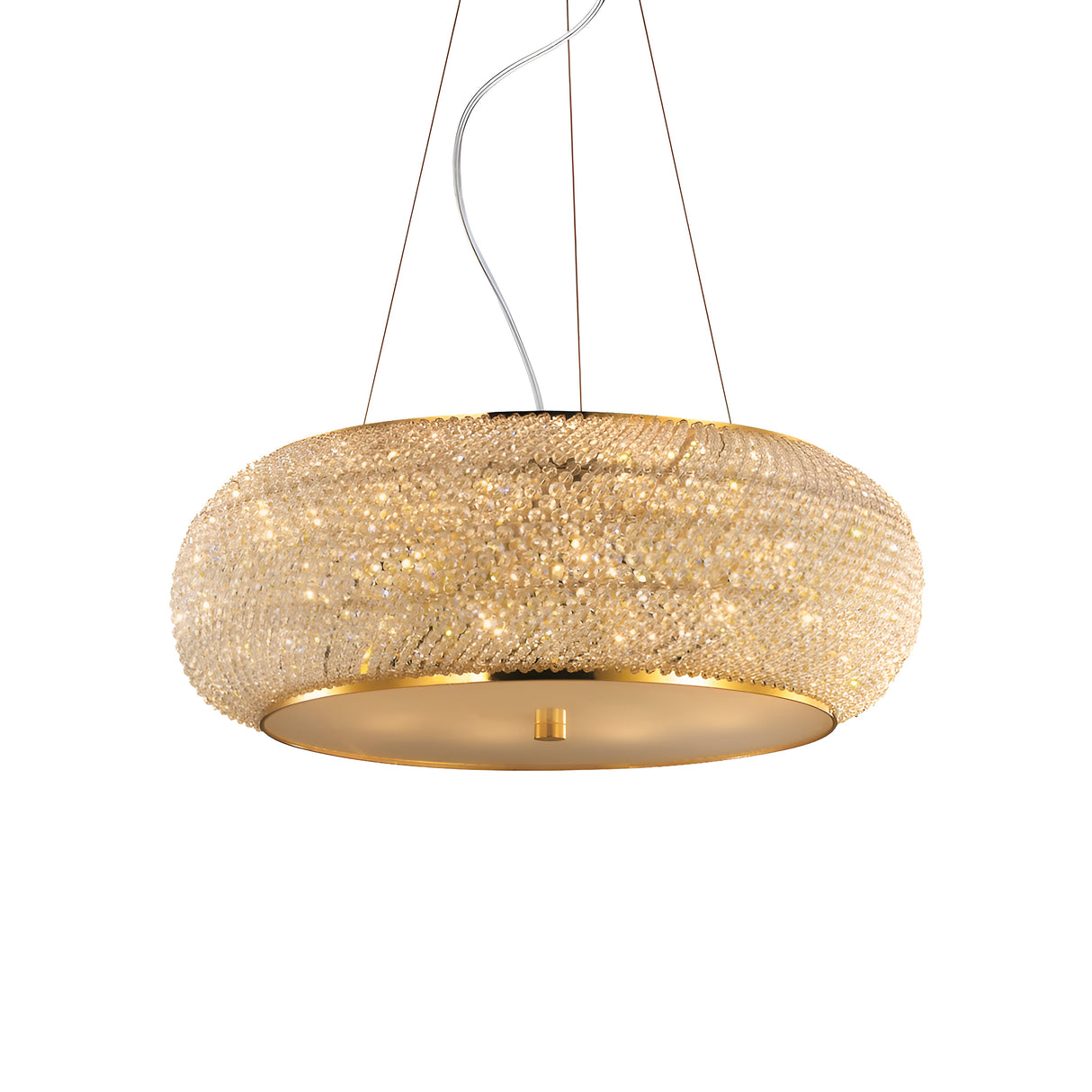 The Harbor Crystal 14 Light Chandelier - Gold is a contemporary chandelier with a circular frame embellished with an array of shimmering crystals and an integrated crystal diffuser. It is suspended from the ceiling by three adjustable wires, creating a warm and inviting ambiance.