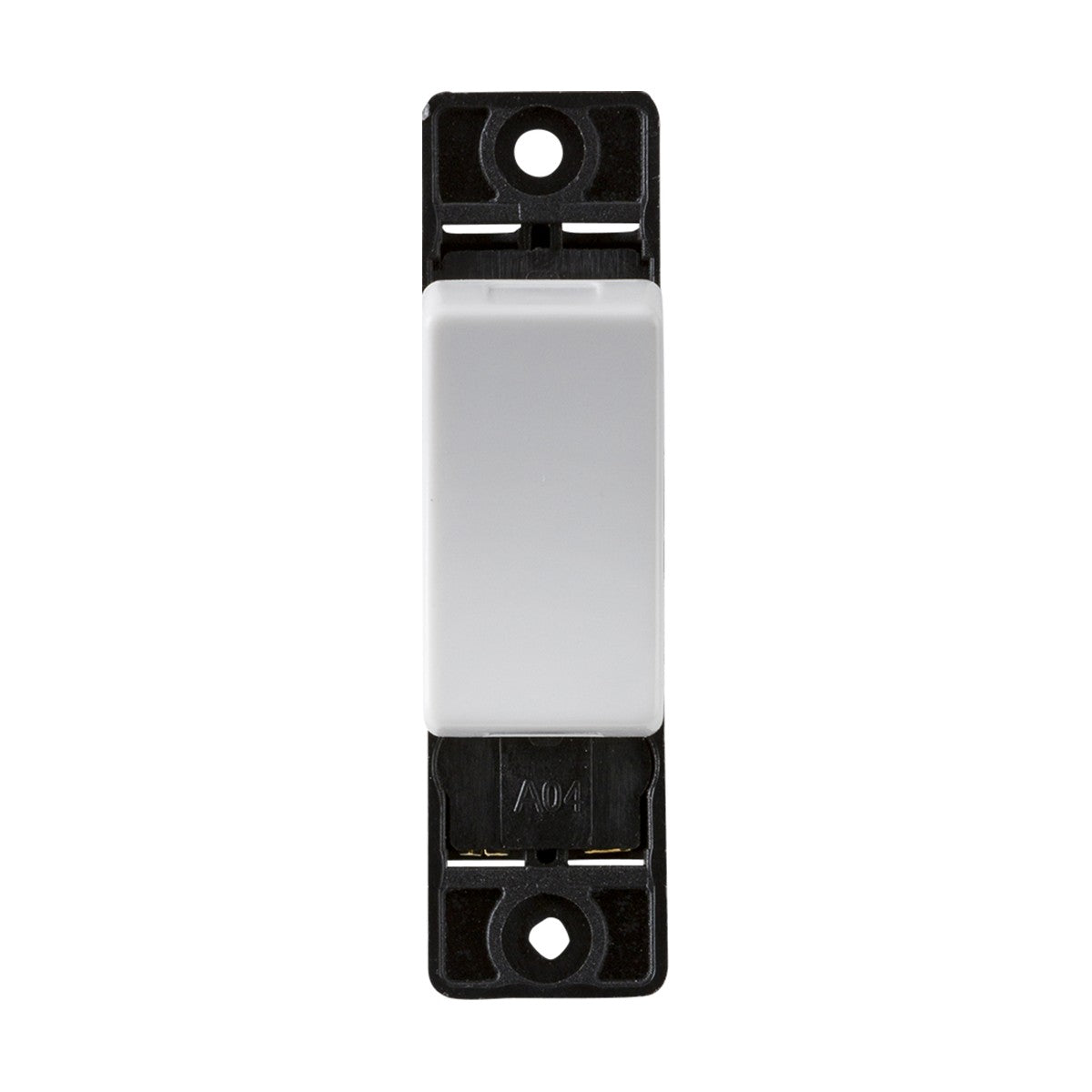 A front view of the 10AX Intermediate Switch Module, a white rectangular rocker light switch encased in a sleek black thermoset resin frame. As part of the curved edge series, it includes two screw holes for mounting.
