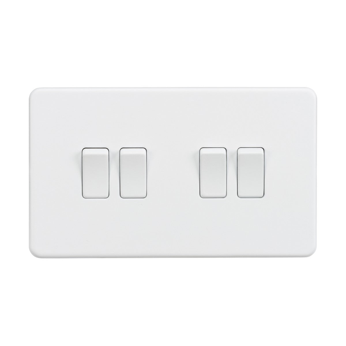 The 10AX 4 Gang 2-Way Switch in Matt White is a screwless, low-profile plate featuring premium-grade steel construction with four rectangular switches arranged in two horizontal rows.
