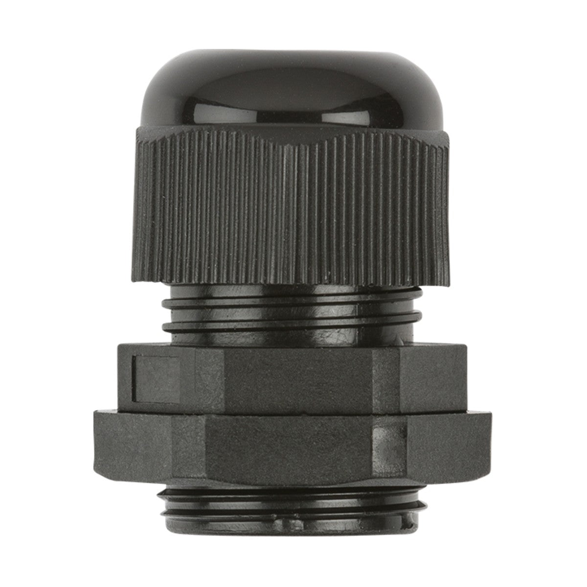 The IP66 20mm Cable Glands - 10 Pack features black plastic glands with ribbed caps, threaded middles, and hex nuts for securing cables in enclosures or 20mm knockouts. Offers reliable IP66 protection.