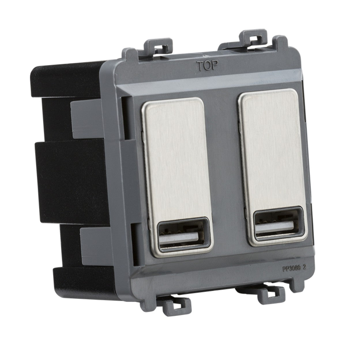 Dual USB charger module (2 x grid positions) 5V 2.4A (shared) - brushed chrome