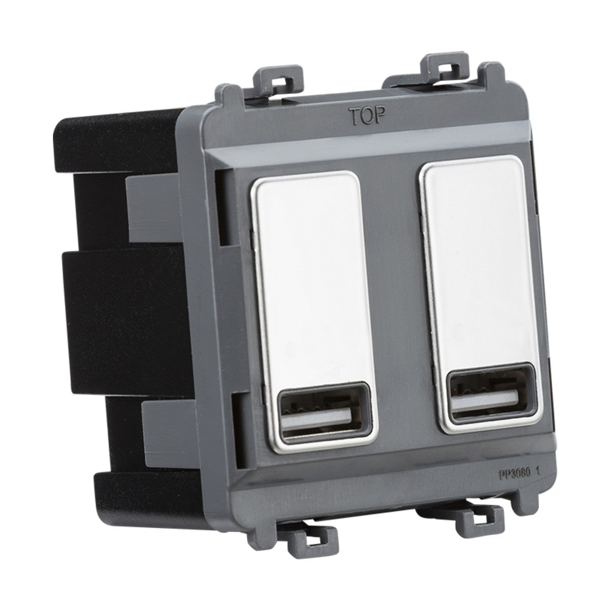 Dual USB charger module (2 x grid positions) 5V 2.4A (shared) - polished chrome