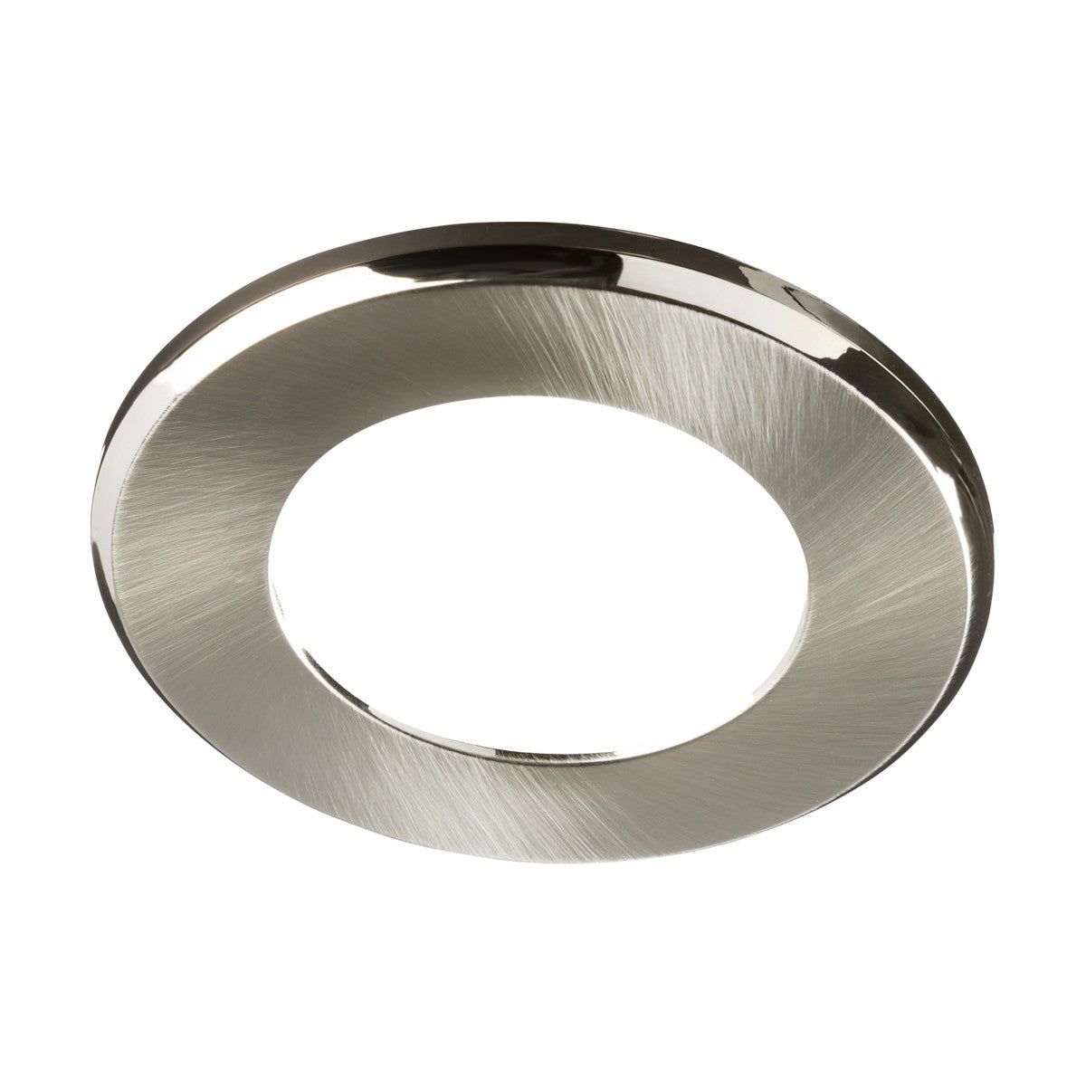 Close-up of the Bezel For CFR Downlight in brushed chrome, showcasing its metallic, circular design with an open center and polished surface for a modern, sleek appearance reminiscent of high-quality decorative hardware or components found in IP65 downlights.