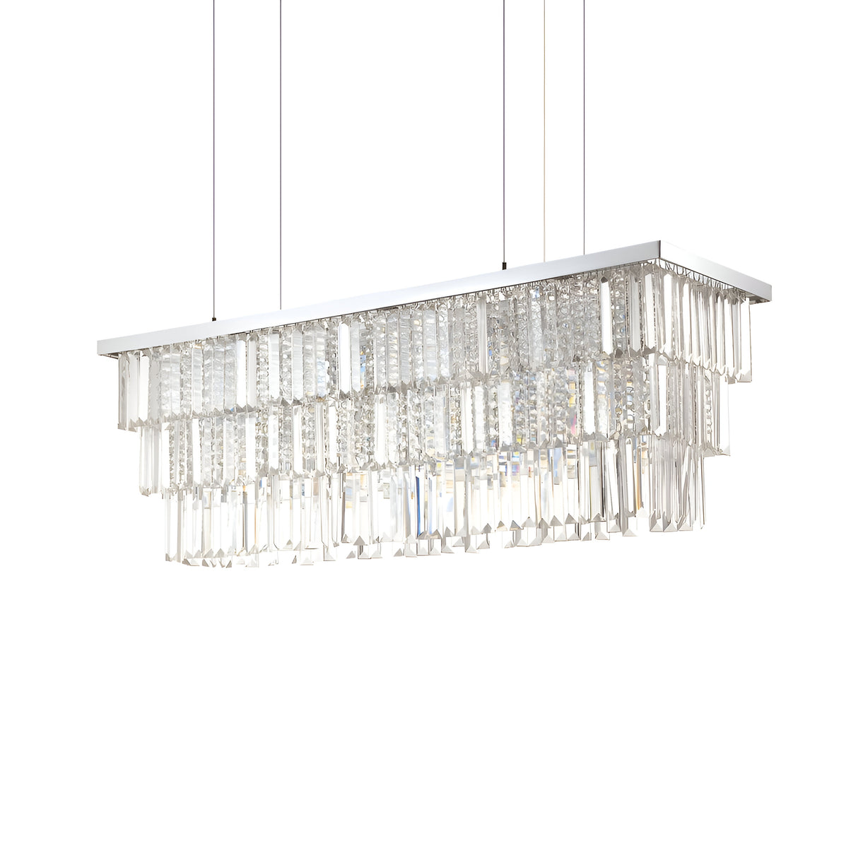 The Fluxon 8 Light Crystal Suspension - Chrome showcases multiple hanging crystal prisms arranged in layers and suspended by thin wires. Its chrome finish and sleek, modern design emit a sophisticated, sparkling light that enhances any space.