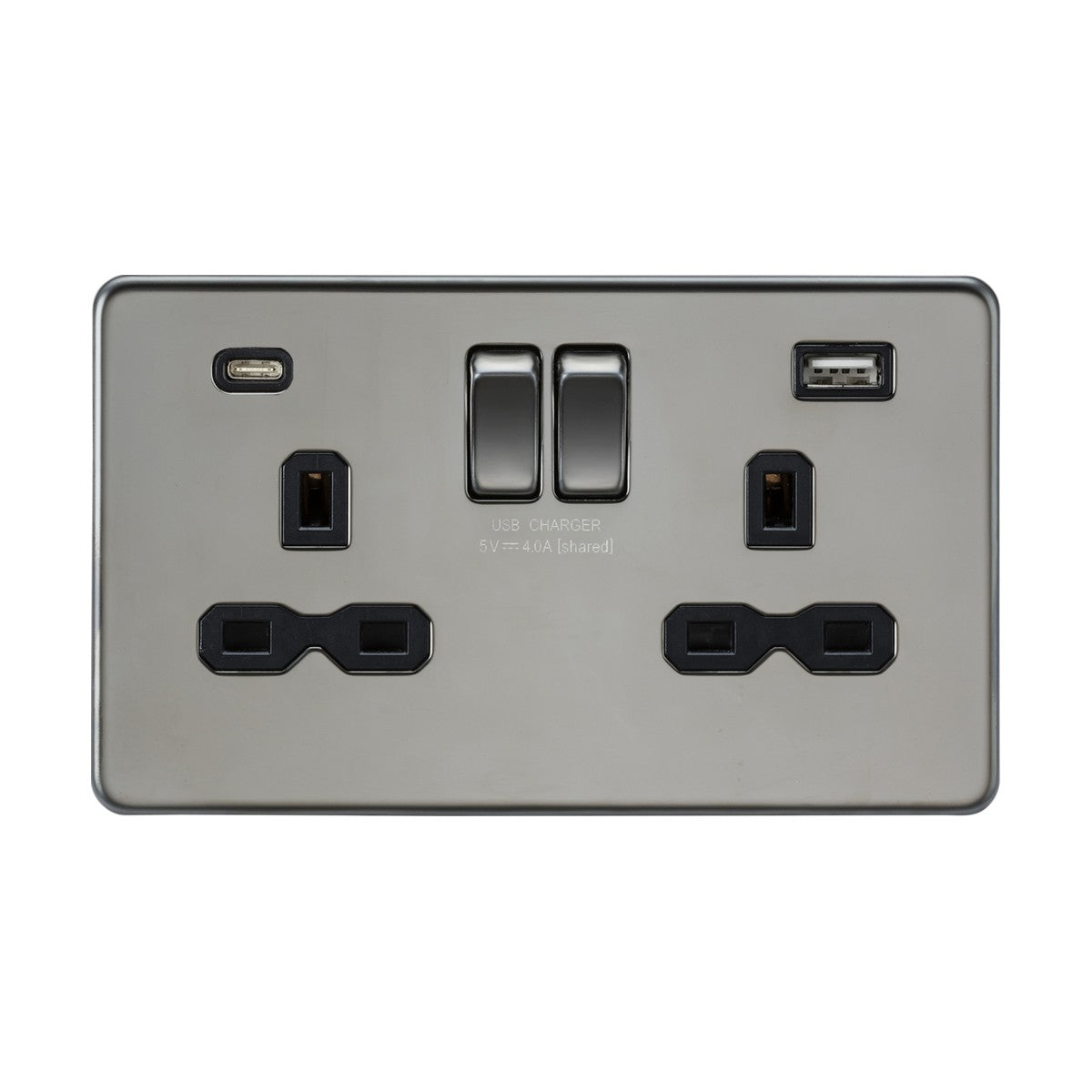 The 13A 2 Gang SP Switched Socket with Dual USB in Black Nickel features a screwless low-profile design with two USB charging ports and two centrally located black switches for a sleek, modern look.