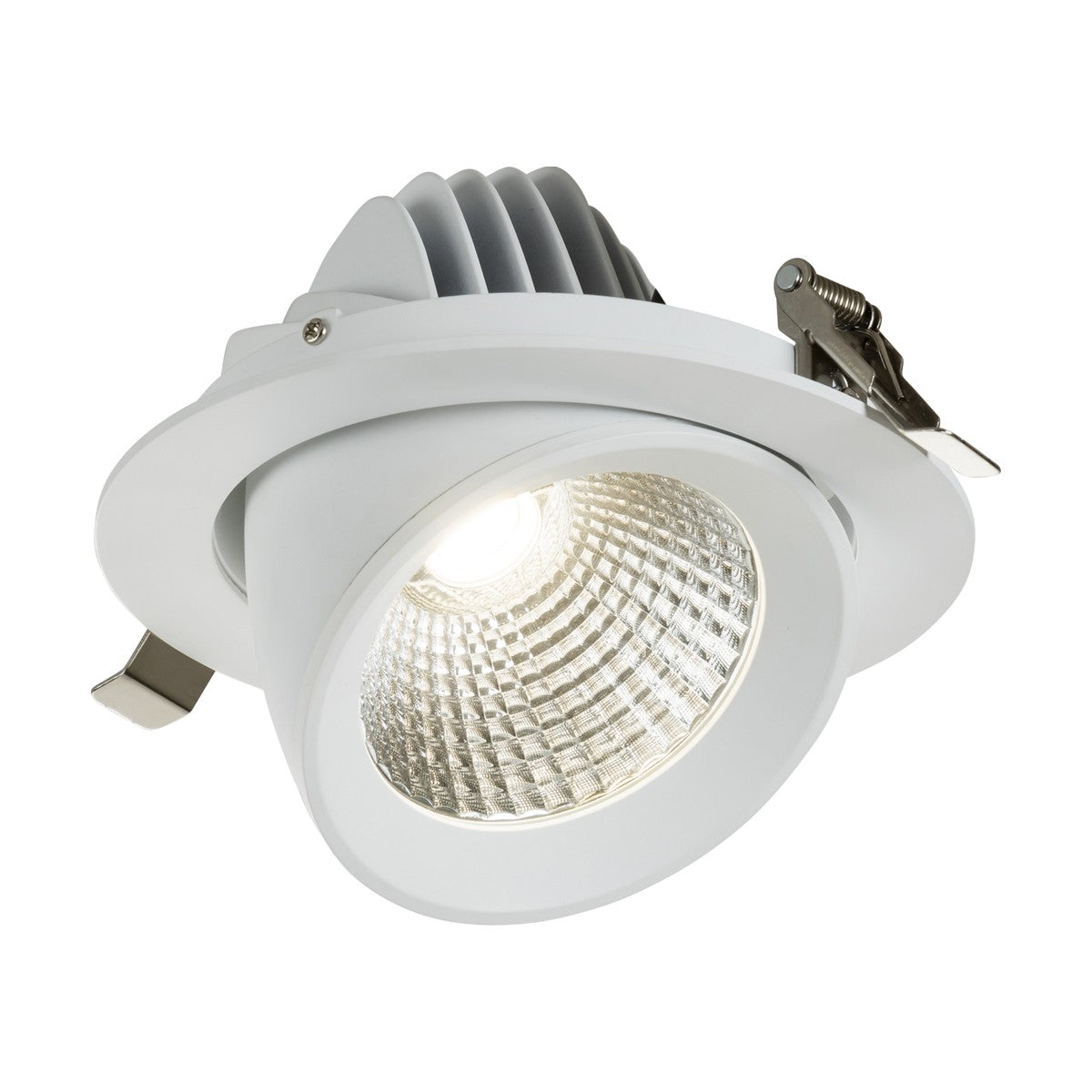 The SARA LED Recessed Tri-Wattage CCT Scoop Downlight - 15-25W is a white ceiling spotlight featuring COB LED technology. It has a silver reflective interior and a visible LED bulb, along with metal clips for installation and a finned heat sink for effective cooling.