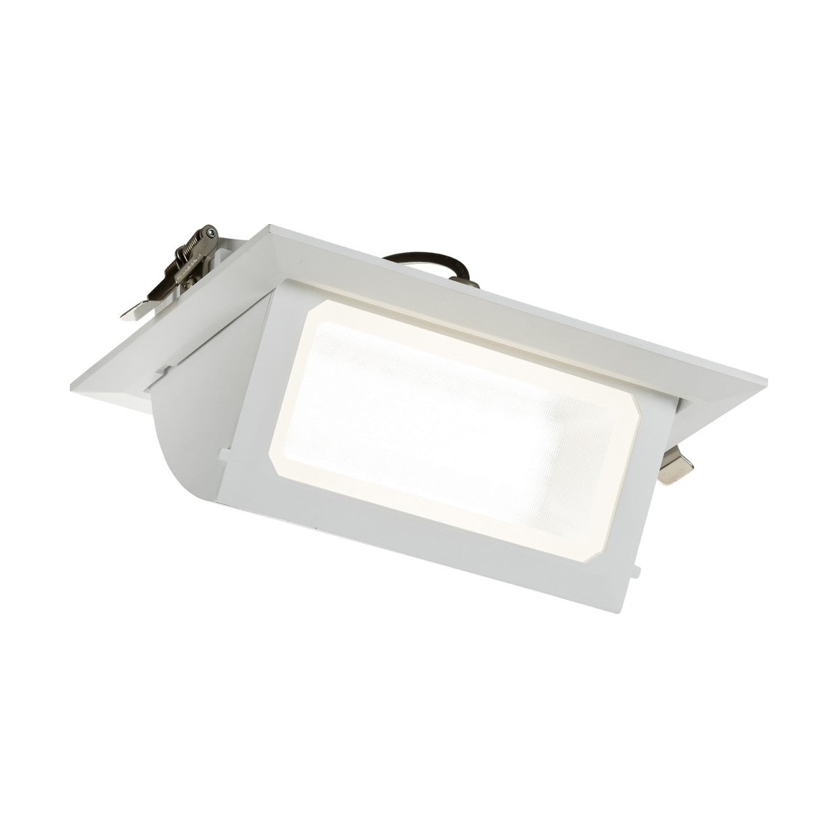The SARA LED Recessed Tri-Wattage CCT Wallwasher is a rectangular ceiling light featuring a white frame, die-cast aluminium finish, and metal clips, crafted for modern interior lighting. This sleek fixture offers adjustable CCT, making it perfect for commercial downlight applications. Its angled position highlights its minimalistic design.
