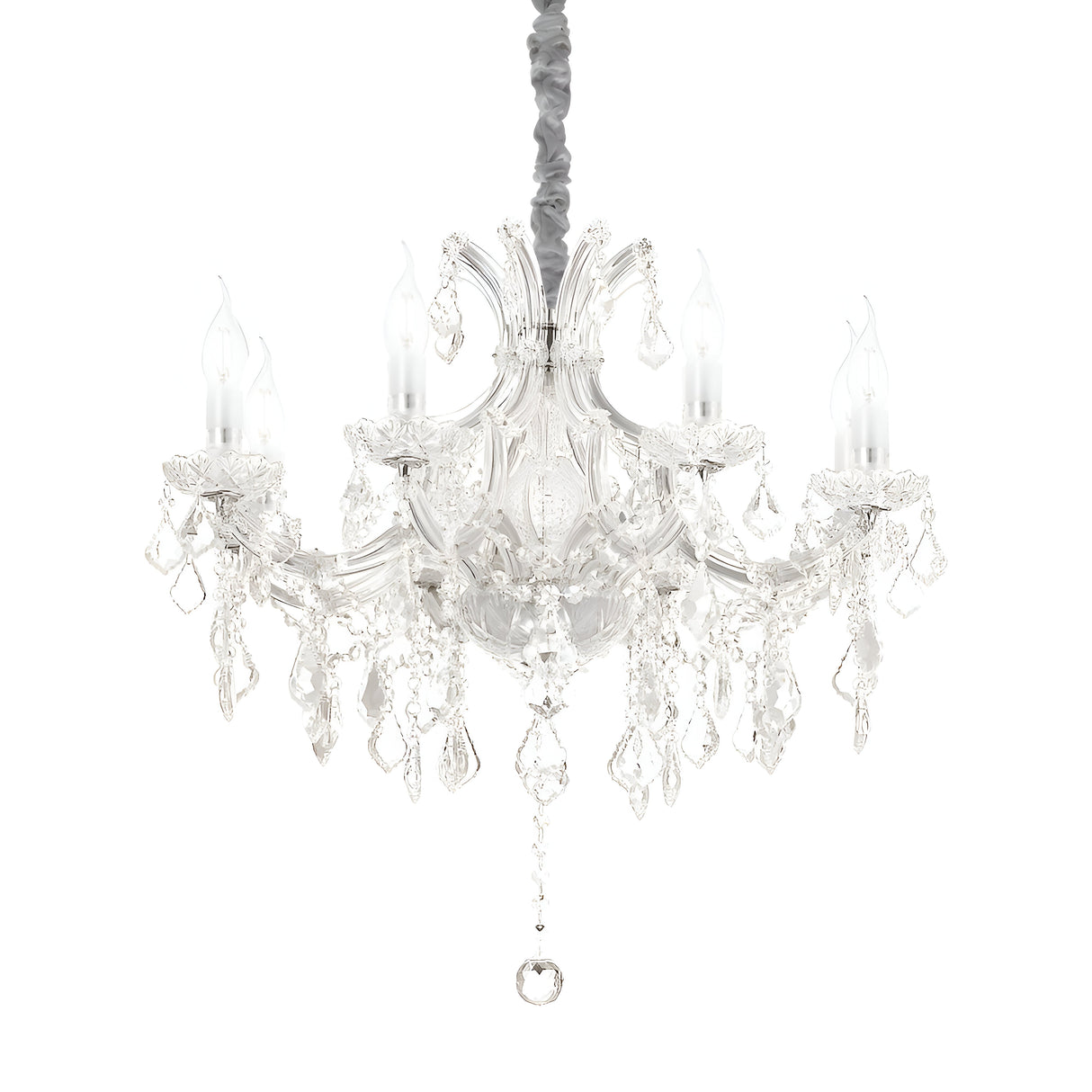 Introducing the Grove Crystal 8 Light Chandelier - Chrome: a breathtaking fixture featuring eight candle-shaped lights with an intricate glass design and cascading glass pendants. Suspended by a decorative chain against a white backdrop, this luxury lighting piece epitomizes elegance and sophistication.
