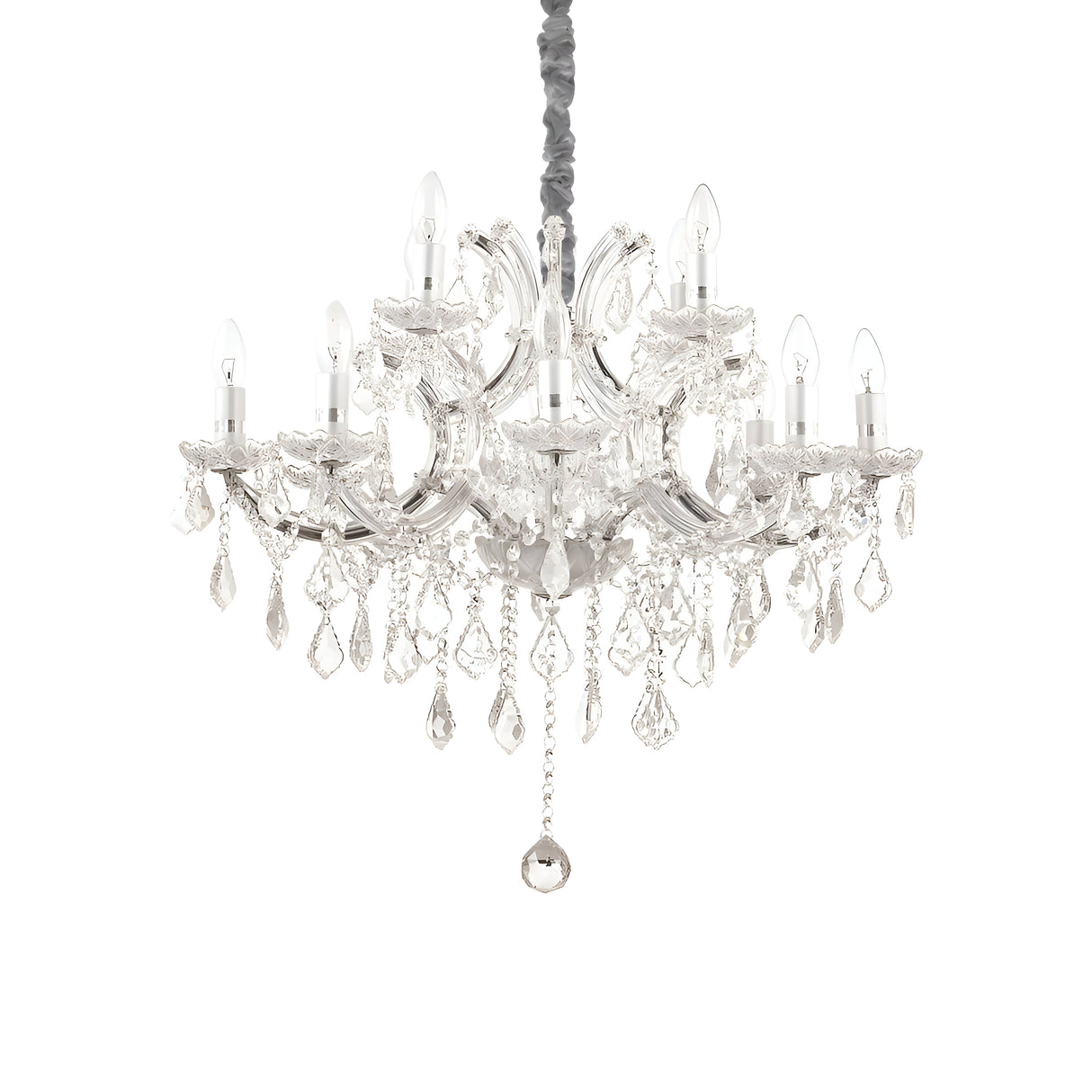 The Grove Crystal 12 Light Chandelier - Chrome, a luxurious masterpiece featuring multiple arms and candle-style bulbs, is embellished with sparkling hanging crystals. This chandelier gracefully hangs from the ceiling against a plain white background, highlighting its enchanting beauty.