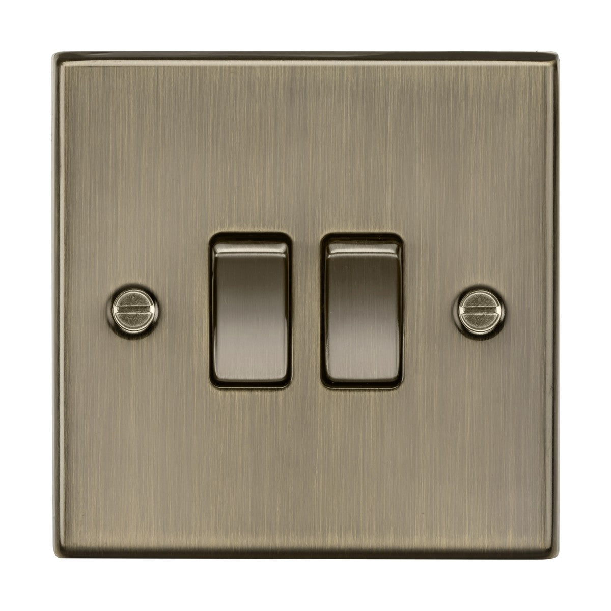 The 10AX 2 Gang 2-Way Plate Switch in antique brass features a vintage-inspired design with a brushed finish. Each square-edged switch includes side screws for wall securing, and both switches are positioned to be off.