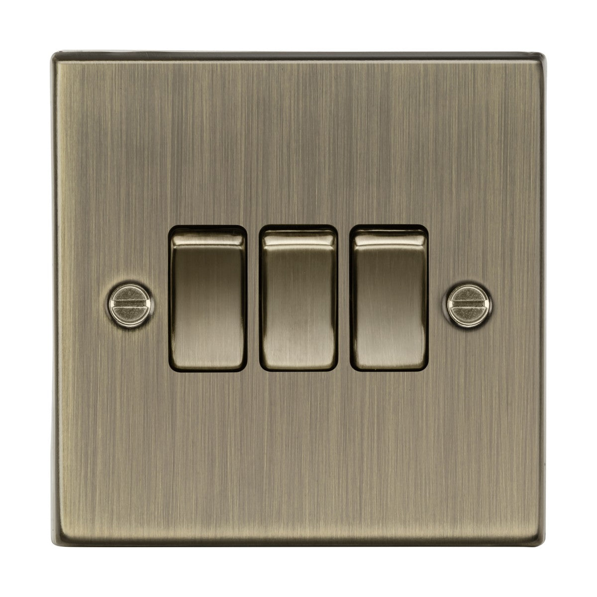 The 10AX 3 Gang 2-Way Plate Switch in antique brass has a brushed metallic finish with three vertically aligned rectangular switches and a square edge metal plate, secured by two screws for a classic look.