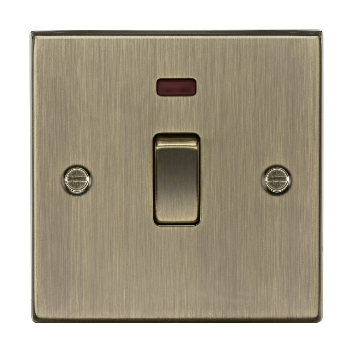 The 20A 1 Gang DP Switch Neon in Antique Brass features a single centered toggle switch with a square edge design, two screws, and a small red neon indicator above the switch. It has a brushed metal finish.