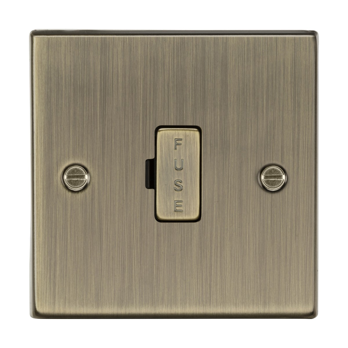 The 13A Fused Spur Unit - Antique Brass (Square Edge) is a premium steel switch with an antique brass hue, featuring a vertical rectangular FUSE button on a brushed metal finish, secured by two visible screws.