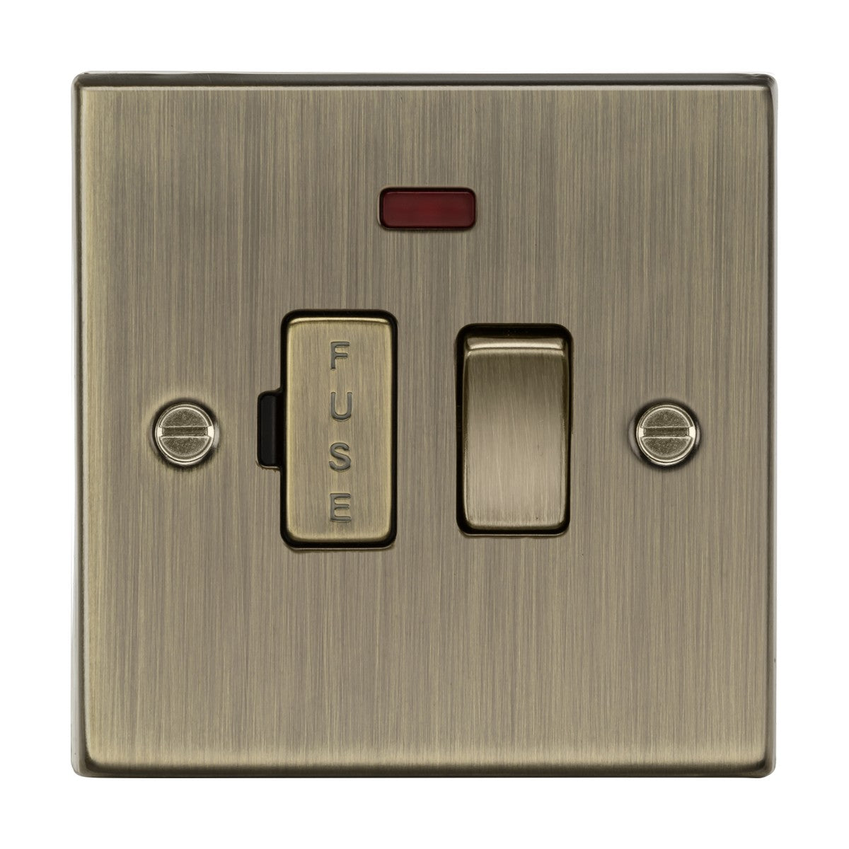 The 13A Switched Fused Spur Unit Neon in antique brass (square edge) has a fused spur on the left with a red indicator light above and a standard rocker switch on the right.