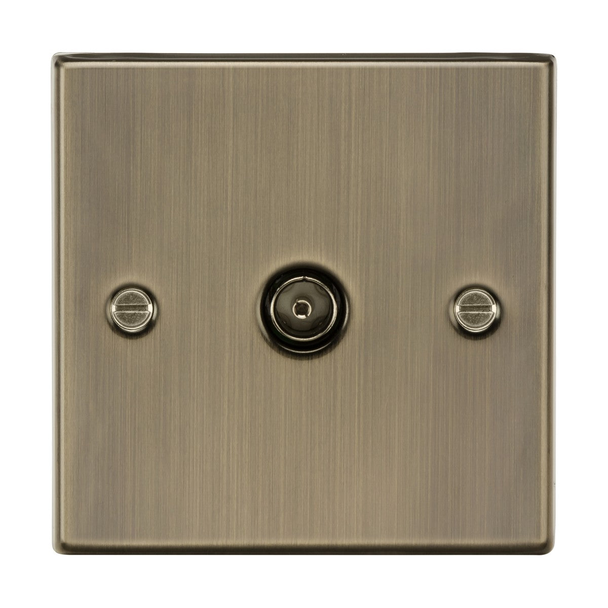 A TV outlet in antique brass, designed with a brushed metal finish and a raised black toggle switch centered within the plate. Crafted from premium grade steel, its two visible screws enhance the sophisticated allure of its sleek and polished design.