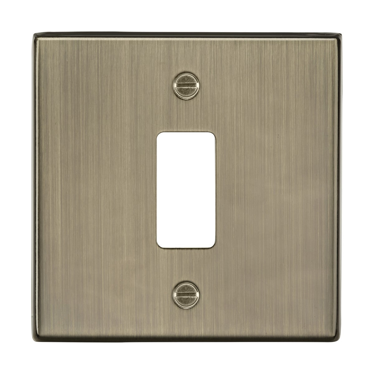 The 1 Gang Grid Faceplate in Antique Brass, crafted for the Knightsbridge Grid System, boasts a rectangular opening with a brushed finish and two visible screws for mounting.