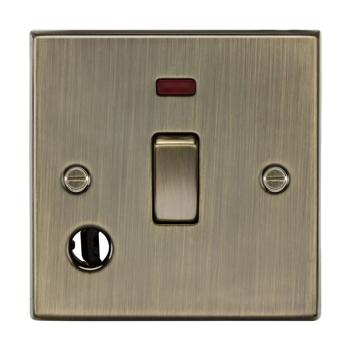 A square edge brass light switch with a red neon indicator and flex outlet, featuring a single toggle and two visible screws. It has an antique brass finish.