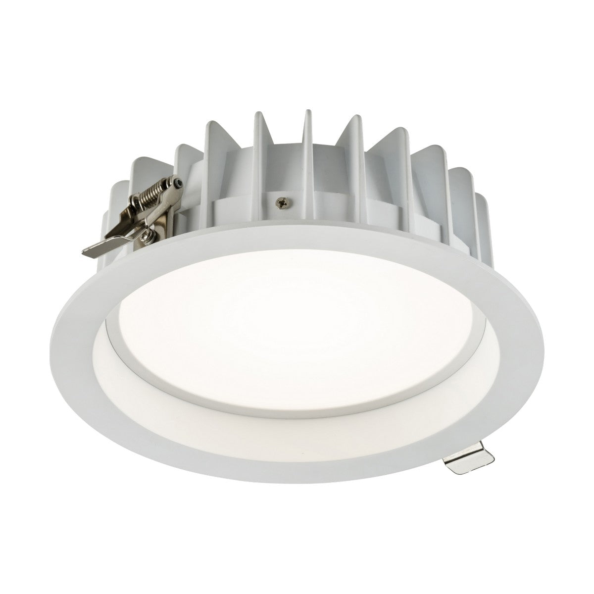 The Seren LED Recessed Tri-Wattage CCT Downlight 15-25W showcases a round, white recessed ceiling light with ribbed metal housing and a spring clip, ideal for commercial lighting. Its sleek modern design and adjustable CCT deliver versatile illumination against any plain backdrop.