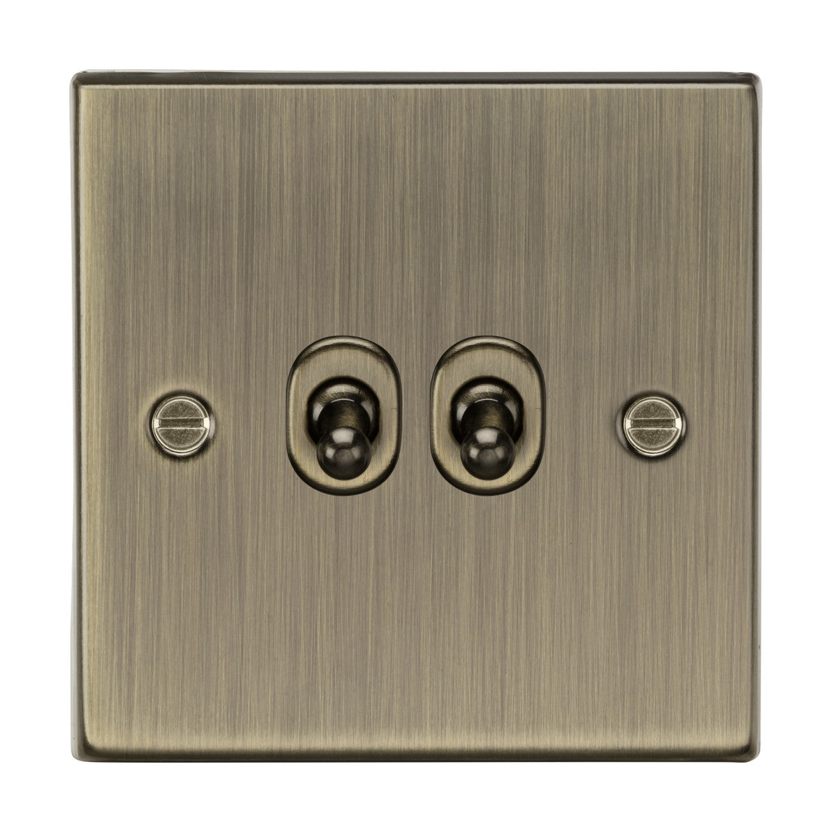 The 10AX 2 Gang 2-Way Toggle Switch features an antique brass square edge design with two vintage-style toggle switches, and visible screws on either side.