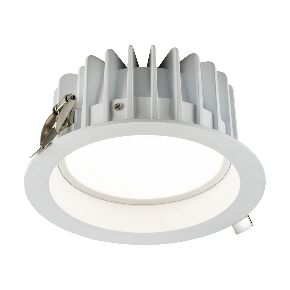 The Seren LED Dimmable Recessed Tri-Wattage CCT Dimmable Downlight 7-12W features a circular white design with a metal heat sink and spring clips for easy installation. It boasts CCT adjustability and a wide-rimmed design with grooves to efficiently dissipate heat, as it rests unlit against a white background.