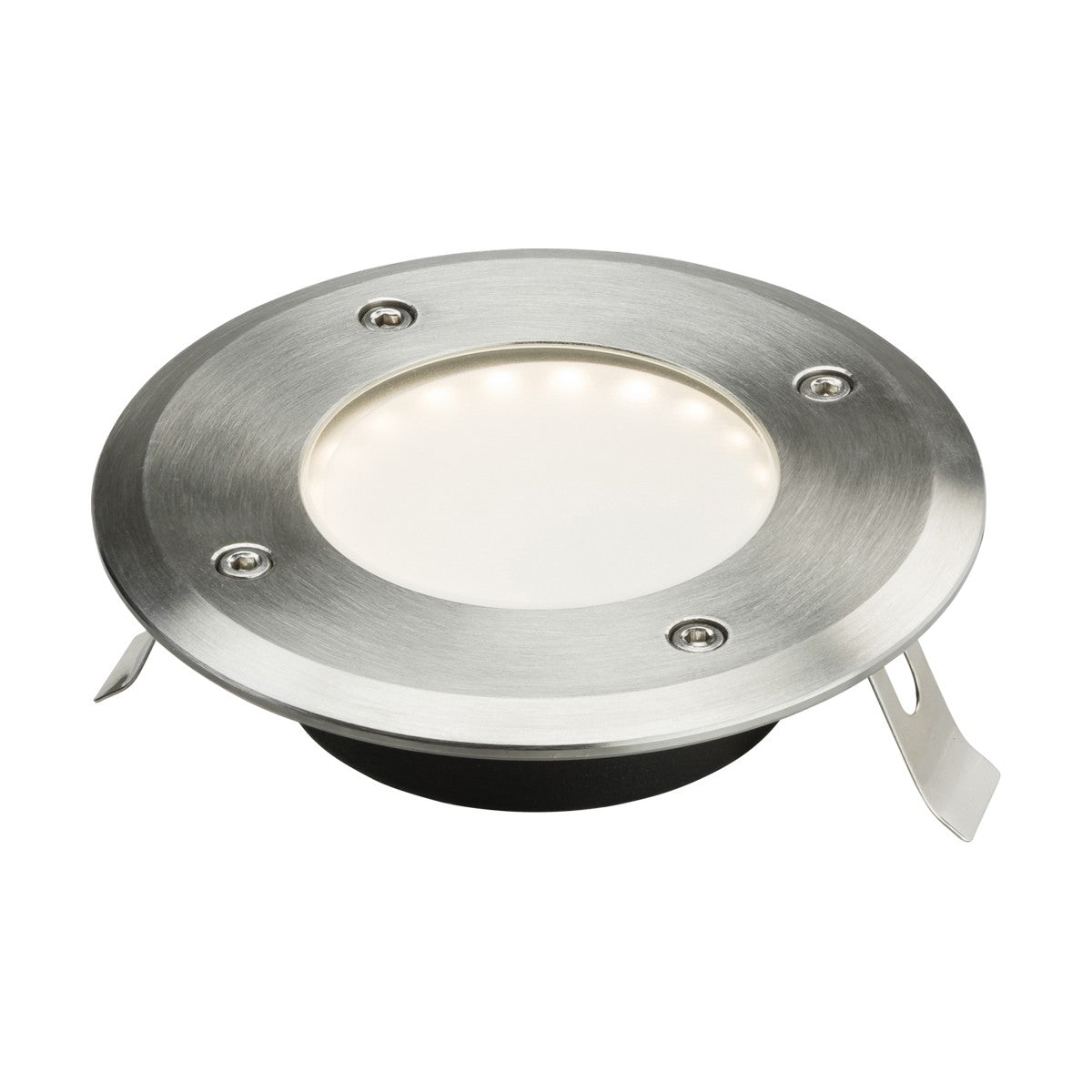The Outdoor 1.7W LED White Ground/Deck Light - 3000K is a round, stainless steel recessed floor light with a smooth finish. It has a circular glass center encircled by four visible screws and is IP65 rated for durability and protection against the elements.