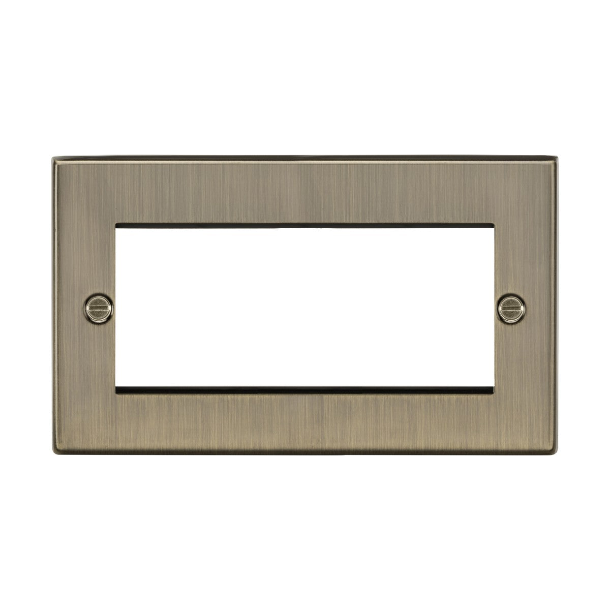 The 4 Gang Modular Faceplate - Antique Brass is a rectangular, brushed metal cover featuring a central opening for a rectangular switch. It has an antique brass finish and includes two screw holes, one on each side for easy mounting. This faceplate combines a sleek, modern design with a touch of vintage charm.
