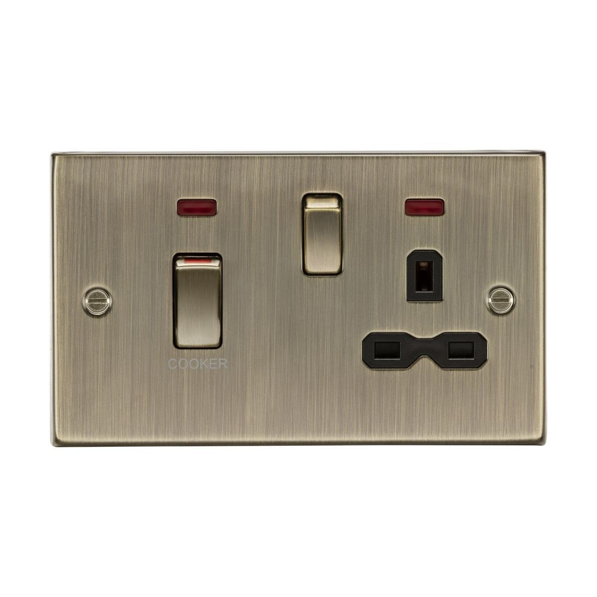 An electrical wall socket crafted with brushed metal features a 45A double pole switch combined with a standard three-pin 13A socket and is equipped with two red-indicator neons for effective cooker control. Its sleek design is elevated by an antique brass finish with a black insert, adding elegance to any room.