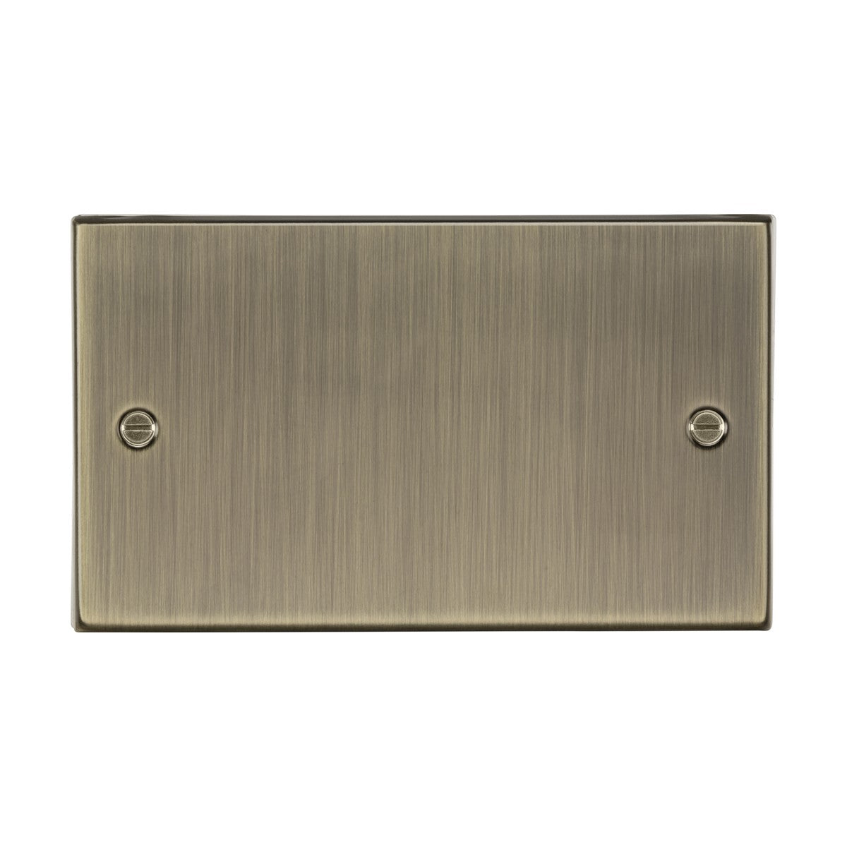 The 2 Gang Blanking Plate - Antique Brass (Square Edge) with a brushed finish and visible screws elegantly conceals and protects electrical boxes.