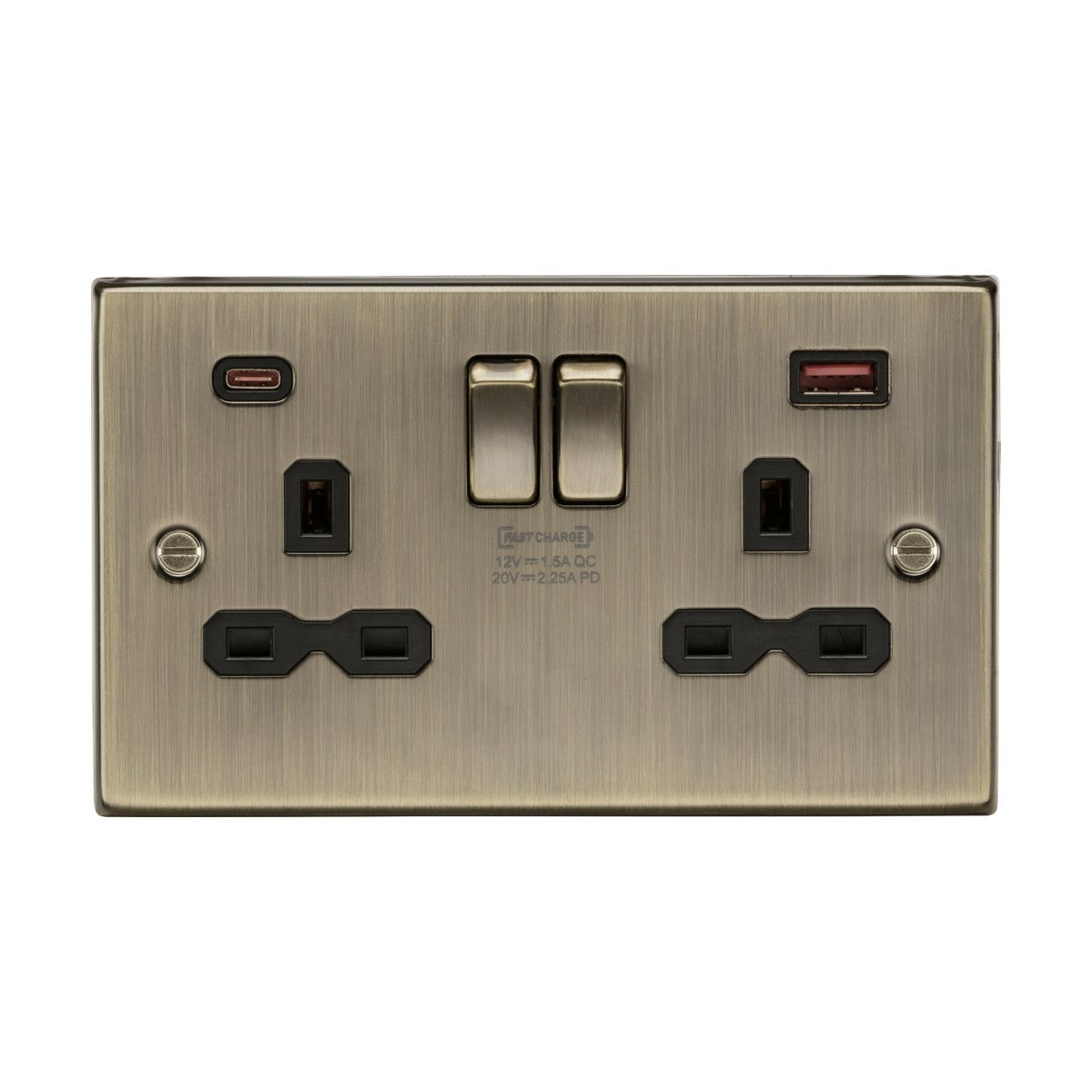 The 13A 2 Gang DP Switched Socket in antique brass with a black insert and rounded edge includes USB-C and Dual USB FASTCHARGE, accommodating three-pin plugs, featuring a stylish brushed metal finish and two switches.